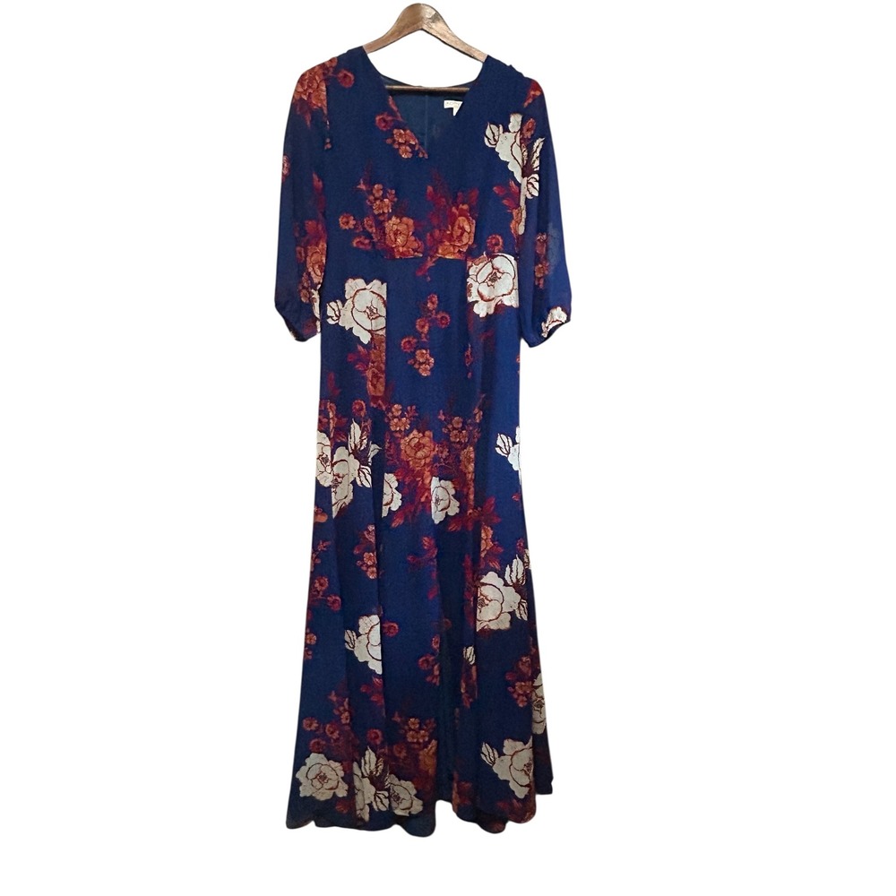 Eva Mendes‎ Blue Floral Maxi Dress V Neck 3/4 Sleeve Women's Size S